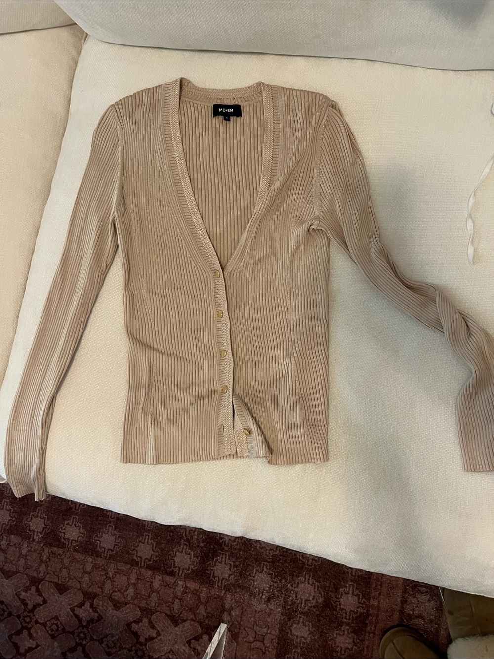 Beige Ribbed V-Neck Button Cardigan Sweater - ME + EM